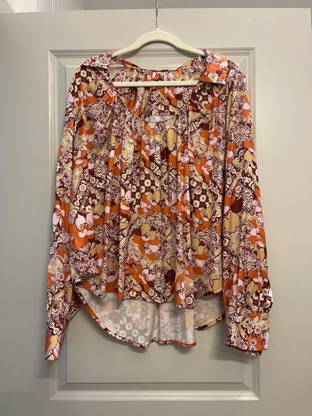 Free People Floral Patchwork Peasant Blouse - Rust Pink Cream